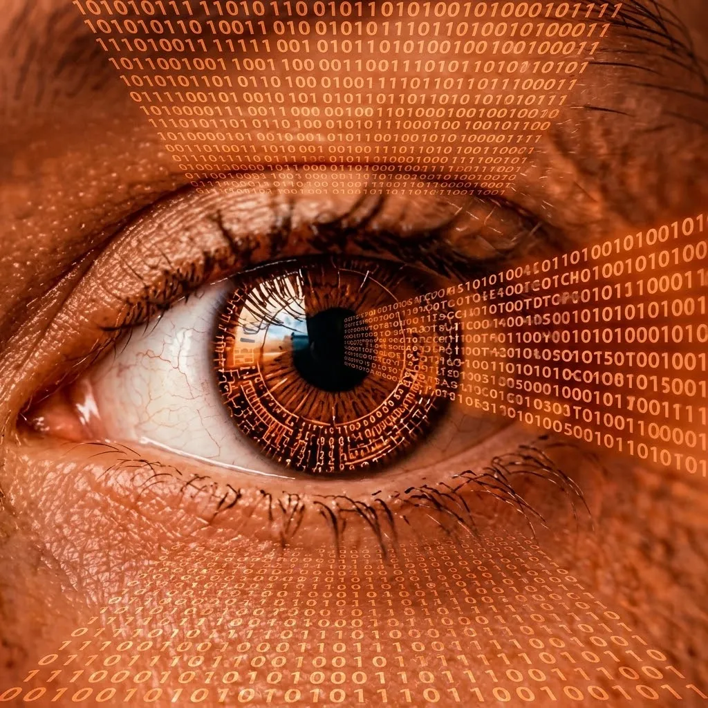 Olho humano em close com código binário sobreposto, em tons de laranja.