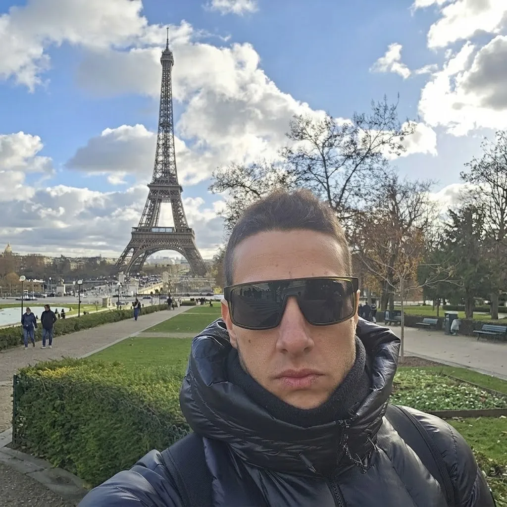 Thiago Khoury em Paris, com a Torre Eiffel ao fundo.