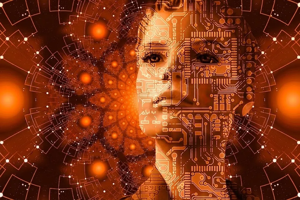 Rosto humano sobreposto por trilhas de circuito eletrônico, em tons de laranja.
