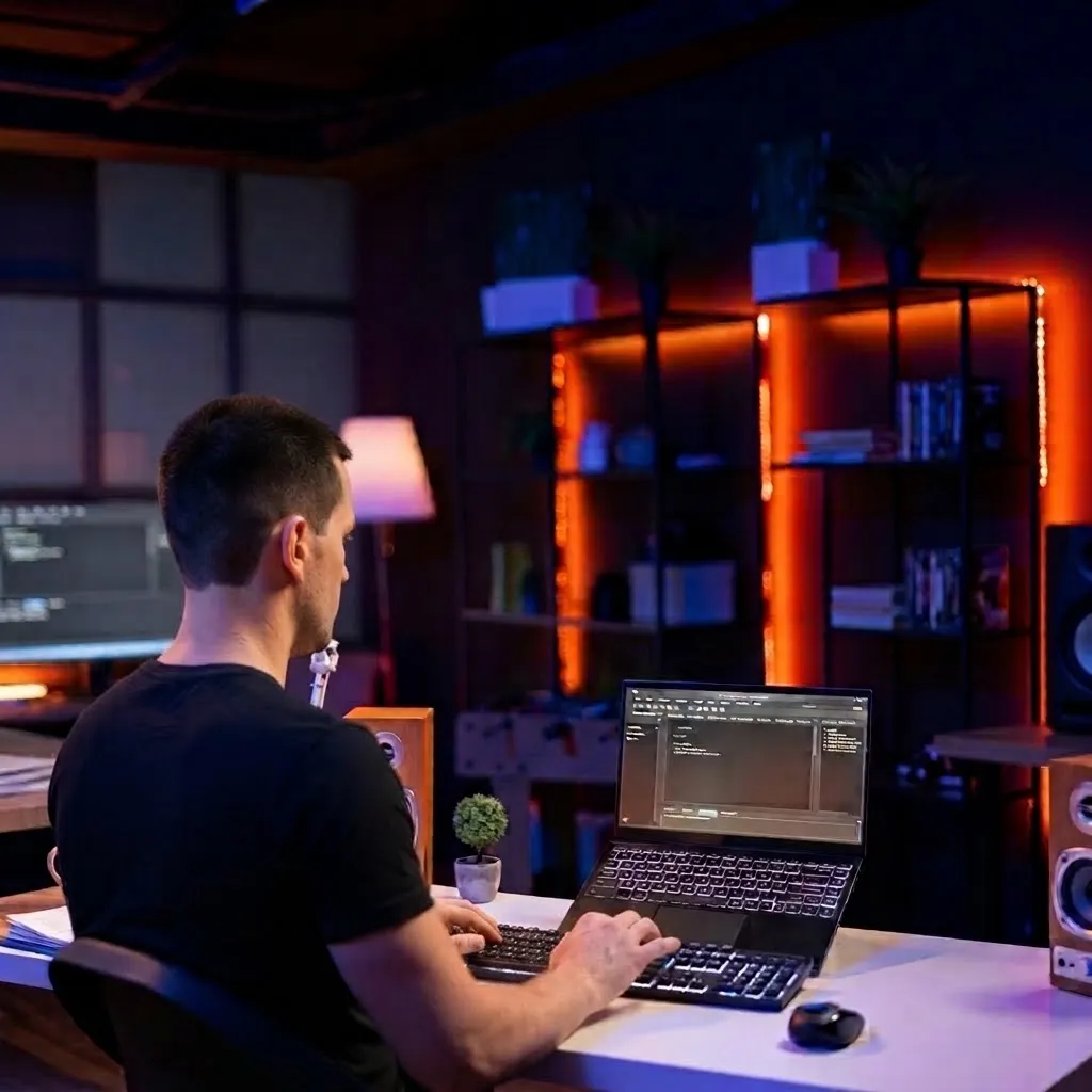 Pessoa trabalhando em frente a um computador, em um escritório com iluminação alaranjada.